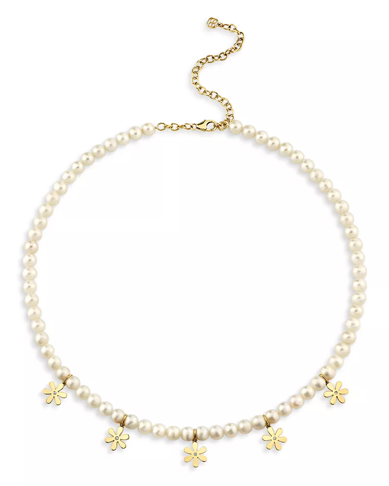 Sydney Evan 14K Yellow Gold Freshwater Pearl & Diamond Daisy Charm Necklace, 18