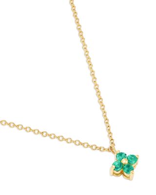 14K Yellow Gold Emerald Gemstones Flower Cluster Pendant Necklace, 14-16"