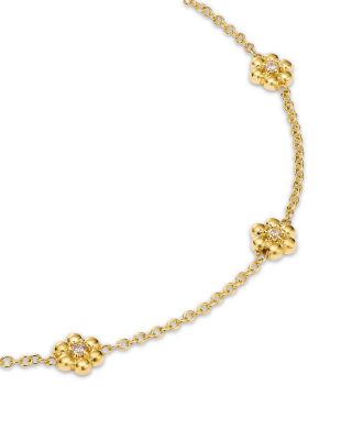 14K Yellow Gold Prong Diamonds Tiny Bead Flower Link Bracelet