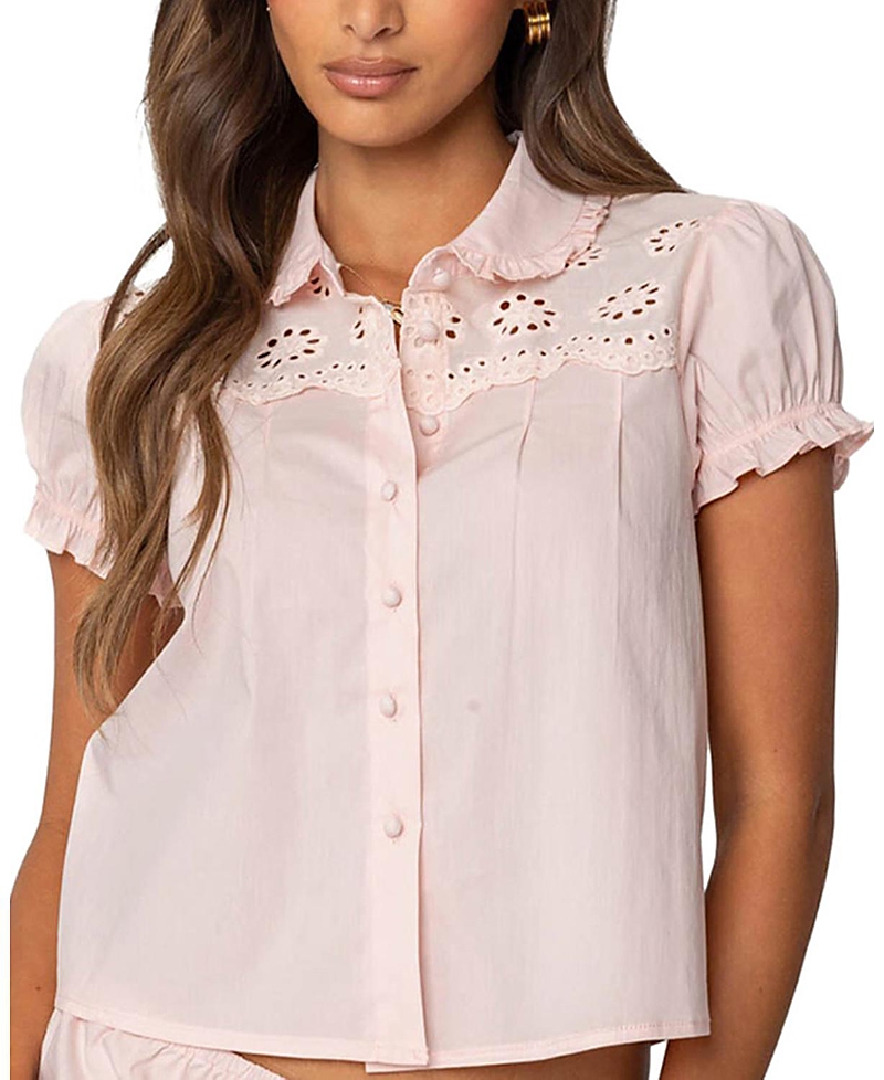 Edikted Lona Eyelet Embroidered Puff Sleeve Button-up Shirt In Light-pink