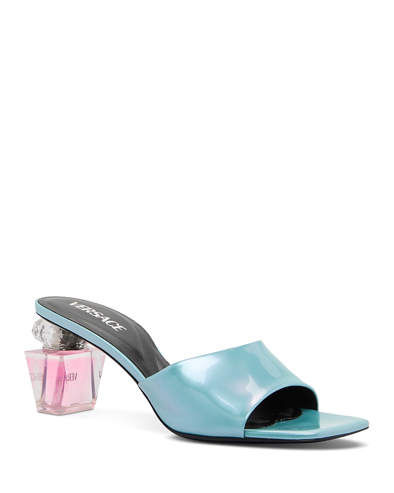 Shop Versace Women's Bright Crystal Patent Leather High Heel Mules In Pearl Blue