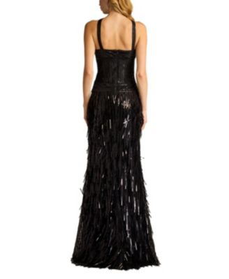 Ares Sequin Fringe Halter Gown