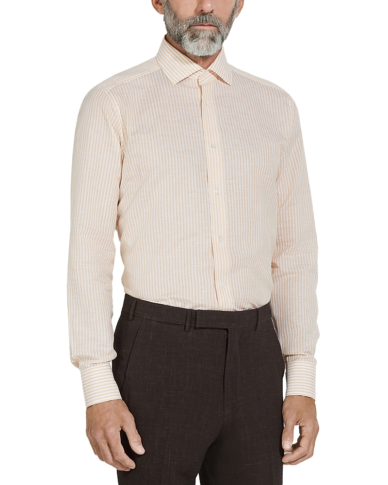 Zegna Striped Centoventimila Regular Fit Cotton Linen Blend Shirt In Neutral