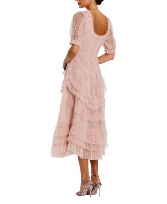  Short Sleeve Mesh Mirco Ruffle Midi Dress