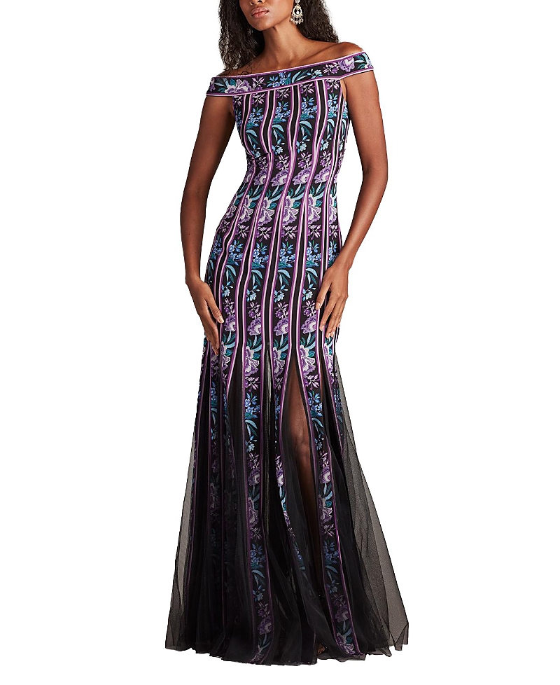 Tadashi Shoji Weston Floral Ribbon And Tulle Gown In Black