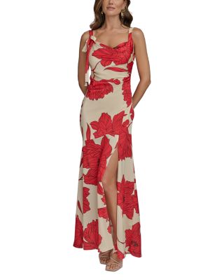 Satin Floral Draped Neck Gown
