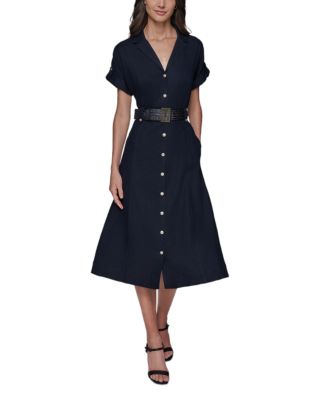 KARL LAGERFELD PARIS - Belted Button Front A Line Dress