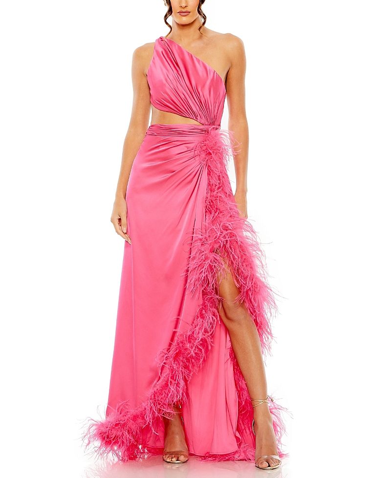 Mac Duggal One Shoulder Key Hold Detail With Feather Lining Dress In Hot Pink
