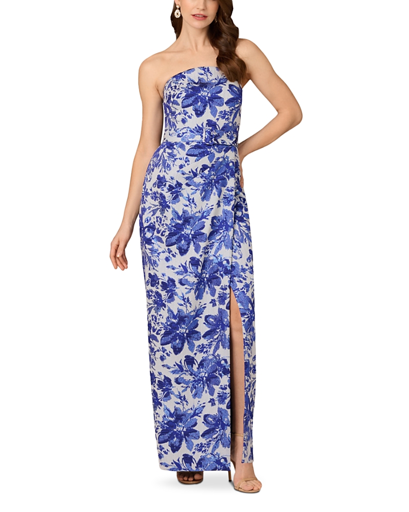 Aidan Mattox Strapless Metallic Floral Jacquard Column Gown