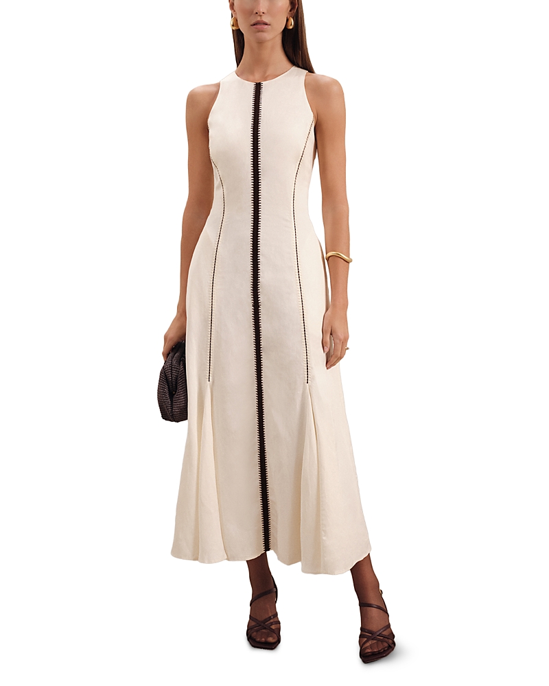 Reiss Womens Inaya Craft-stitch Linen-blend Midi Dress Ivory Black