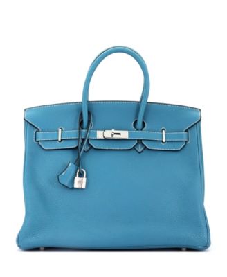 Pre-Owned HERMES Birkin 35 Handbag Blue Clemence with Palladium Hardware
