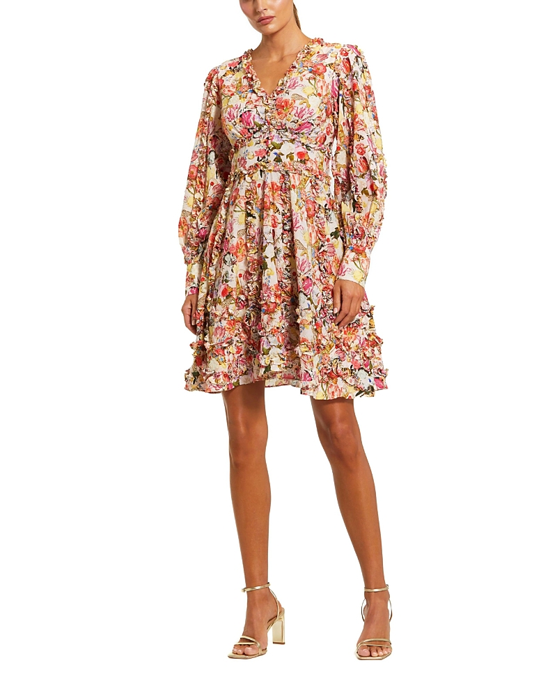 Mac Duggal Ruffle Floral V Neck Cotton Mini Dress