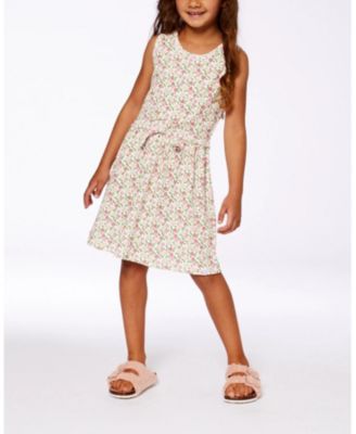  Girls' Printed Ribbed Dress with Waist Tie Small Flowers- Little Kid