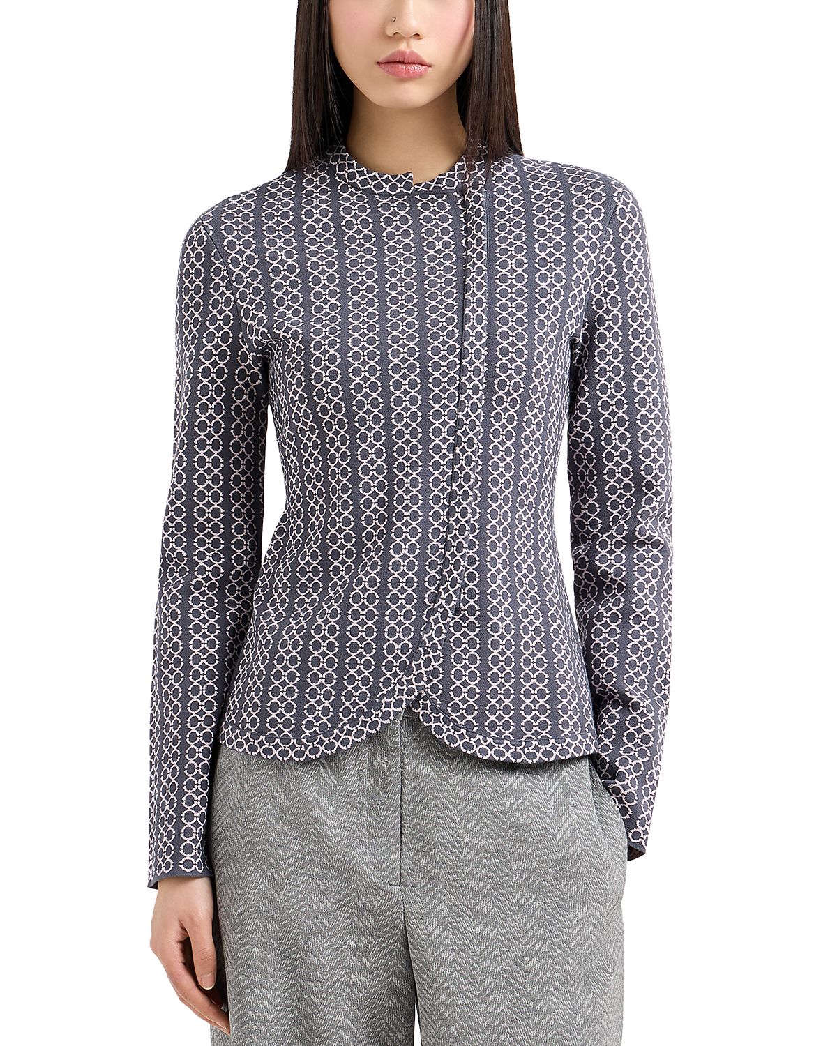 Emporio Armani Geo Pattern Jacquard Jersey Knit Collarless Jacket