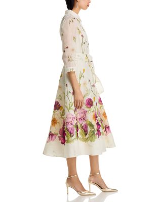 Silk And Linen Flower Border Print Shirt Waist Dress
