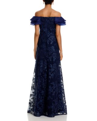 Organza Off Shoulder Sequin Embroidered Tulle Gown