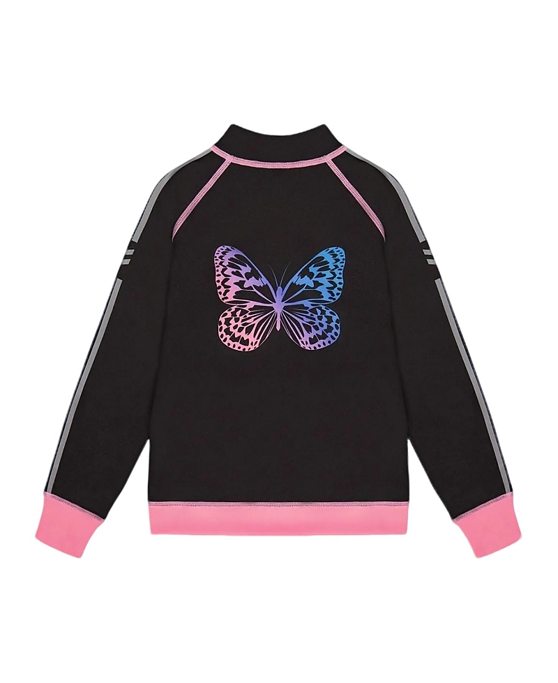 Deux Par Deux Girl's Printed Reversible Full Zip Athletic Cardigan Pink, Blue And Butterflies In Pink/blue And Butterflies