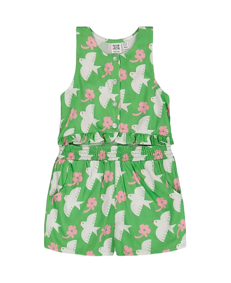 Deux Par Deux Girl's Printed Romper With Frills Green With White And Pink Bird