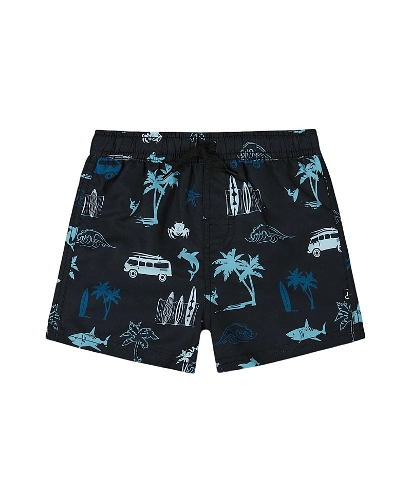 Deux Par Deux Boy's Printed Swim Trunks Light Blue Beach On Black In Light Blue Beach On Black