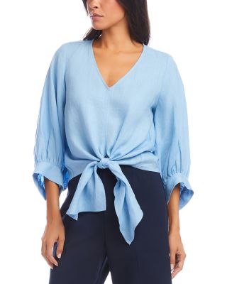 Blouson Sleeve Linen Tie Front Top