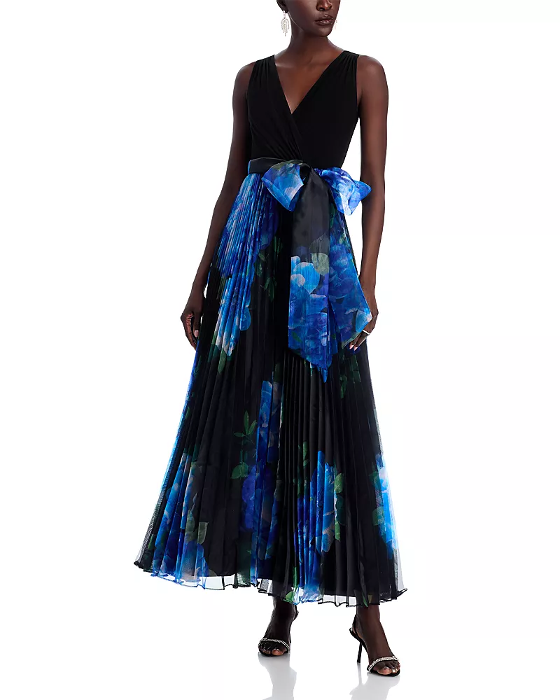 Eliza J Mixed Media V Neck Sleeveless Pleated Gown