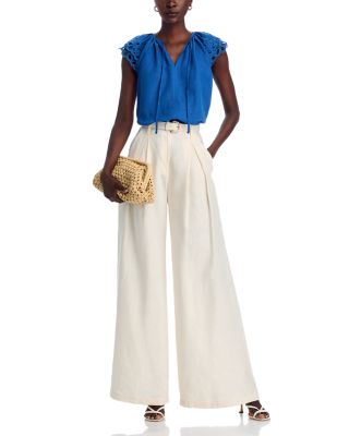 Embroidered Puff Sleeve Split Neck Blouse