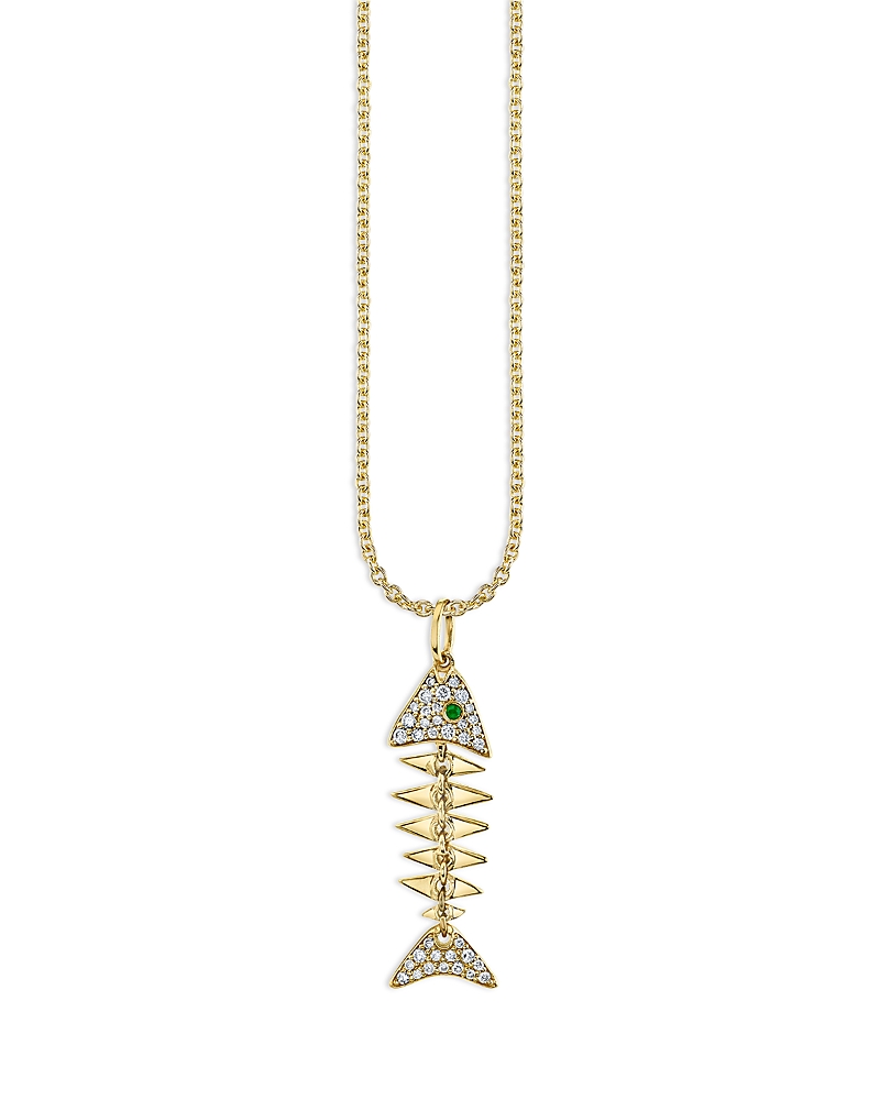 Sydney Evan 14K Yellow Gold Diamond & Emerald Fishbone Pendant Necklace, 16