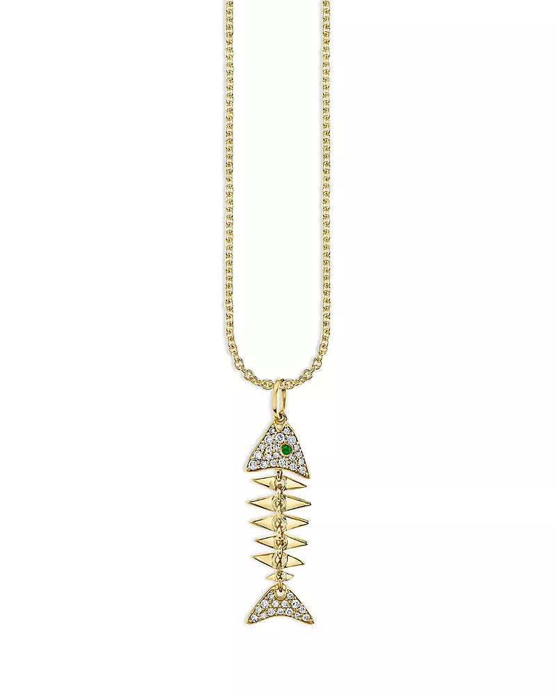 Sydney Evan 14K Yellow Gold Diamond & Emerald Fishbone Pendant Necklace, 16