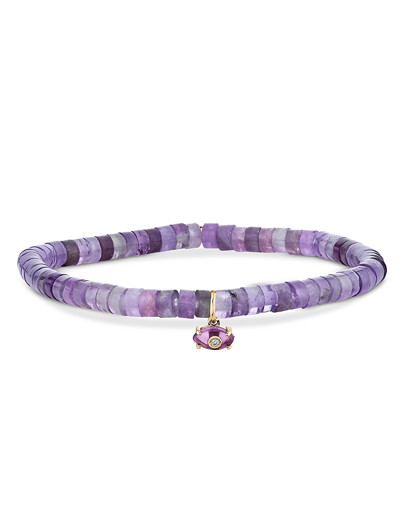 Sydney Evan 14k Yellow Gold Amethyst & Diamond Evil Eye Charm Light Amethyst Heishi Beaded Stretch Bracelet In Purple