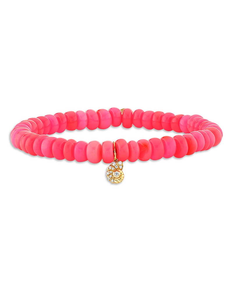 Sydney Evan 14k Yellow Gold Diamond Nautilus Charm Hot Pink Ethiopian Opal Bead Bracelet In Pink