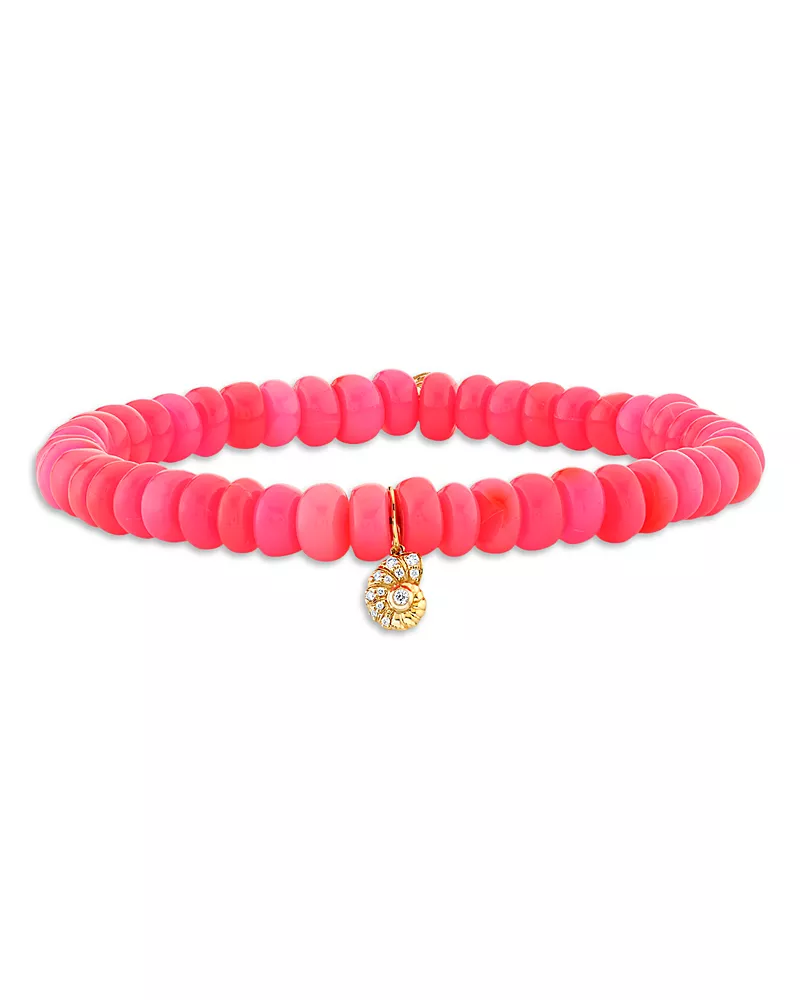 Sydney Evan 14K Yellow Gold Diamond Nautilus Charm Hot Pink Ethiopian Opal Bead Bracelet