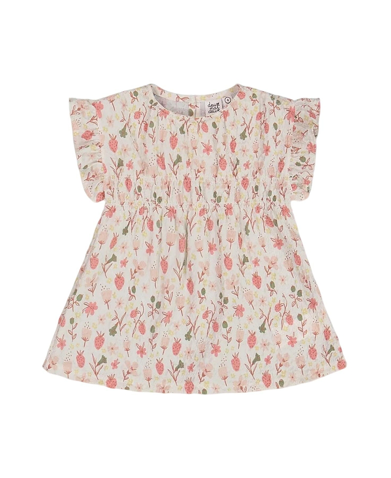 Deux Par Deux Girl's Printed Seersucker Blouse With Frills Pink Flowers On Cream Background