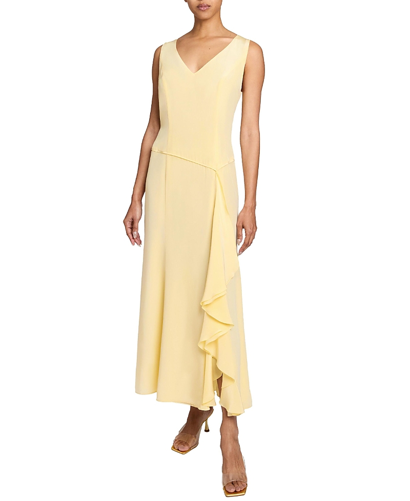 Santorelli Emerson Sleeveless Silk Midi Dress With Skirt Side Cascading Ruffles In Chamomile