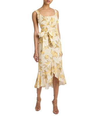 RINA Sleeveless Hi Lo Dress in Floral Cotton Cloque
