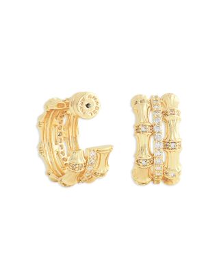 Pav&eacute; Bamboo Stacked Half Hoop Earrings in 18K Gold Plated