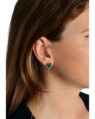 Heart Malachite & 18K Yellow Gold Plated Stud Earrings, 0.5"L
