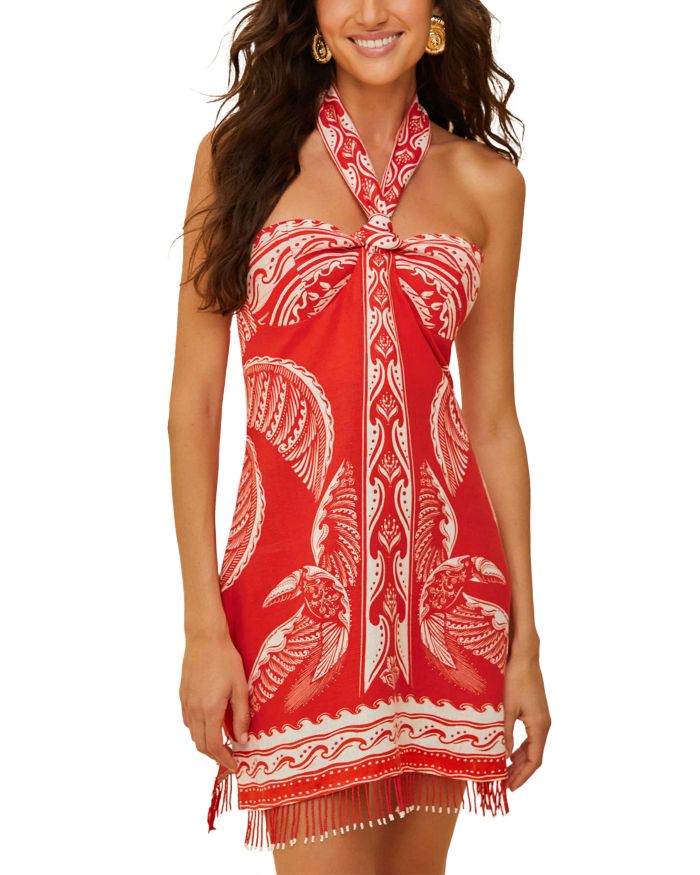 Majestic Coconut Tree Red Mini Linen Dress