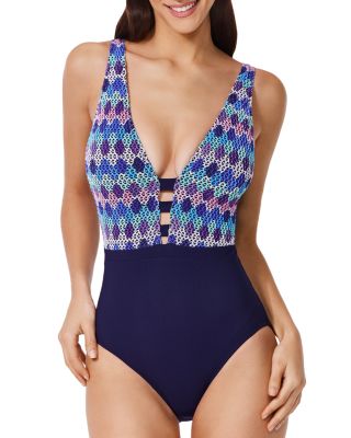 Retro Riviera Deep V Neck Halter One Piece Swimsuit