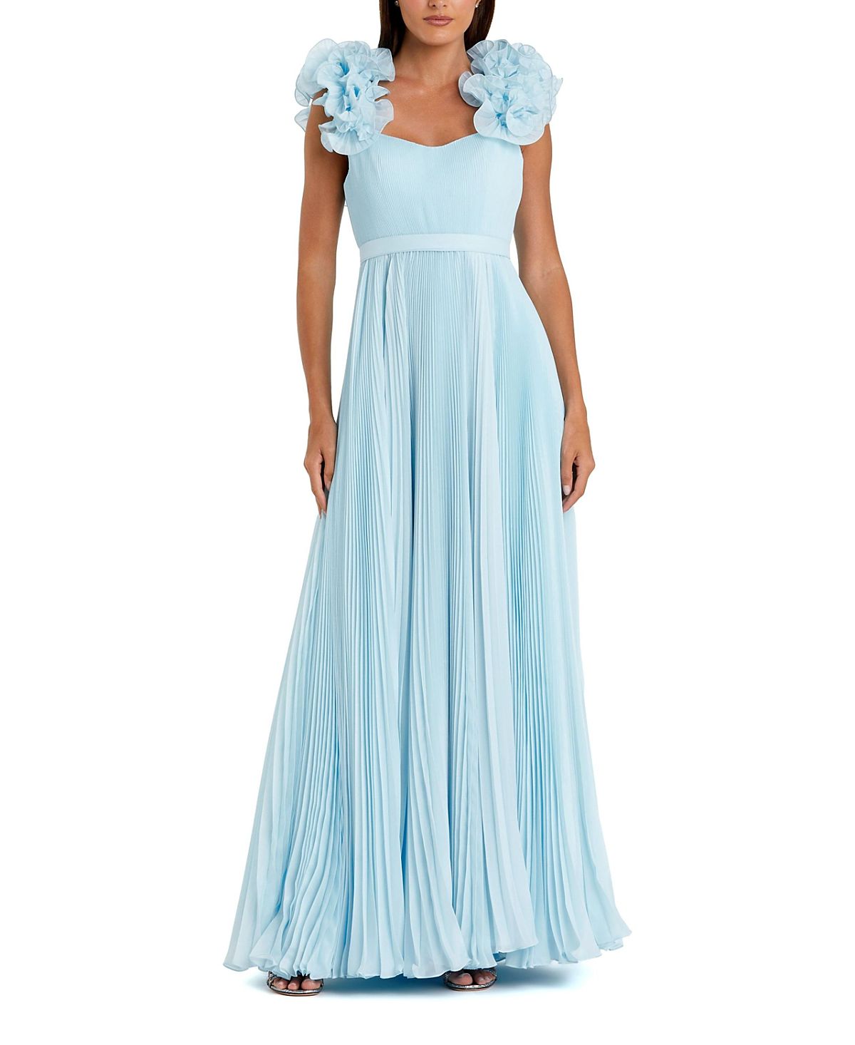 Mac Duggal Pleated Organza Gown with Ruffle Straps