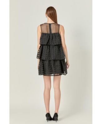 Women's Organza Gridded Tiered Sleeveless Mini Dress
