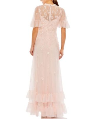 Ruffled Floral Embellished Flutter Sleeve A-Line Gown