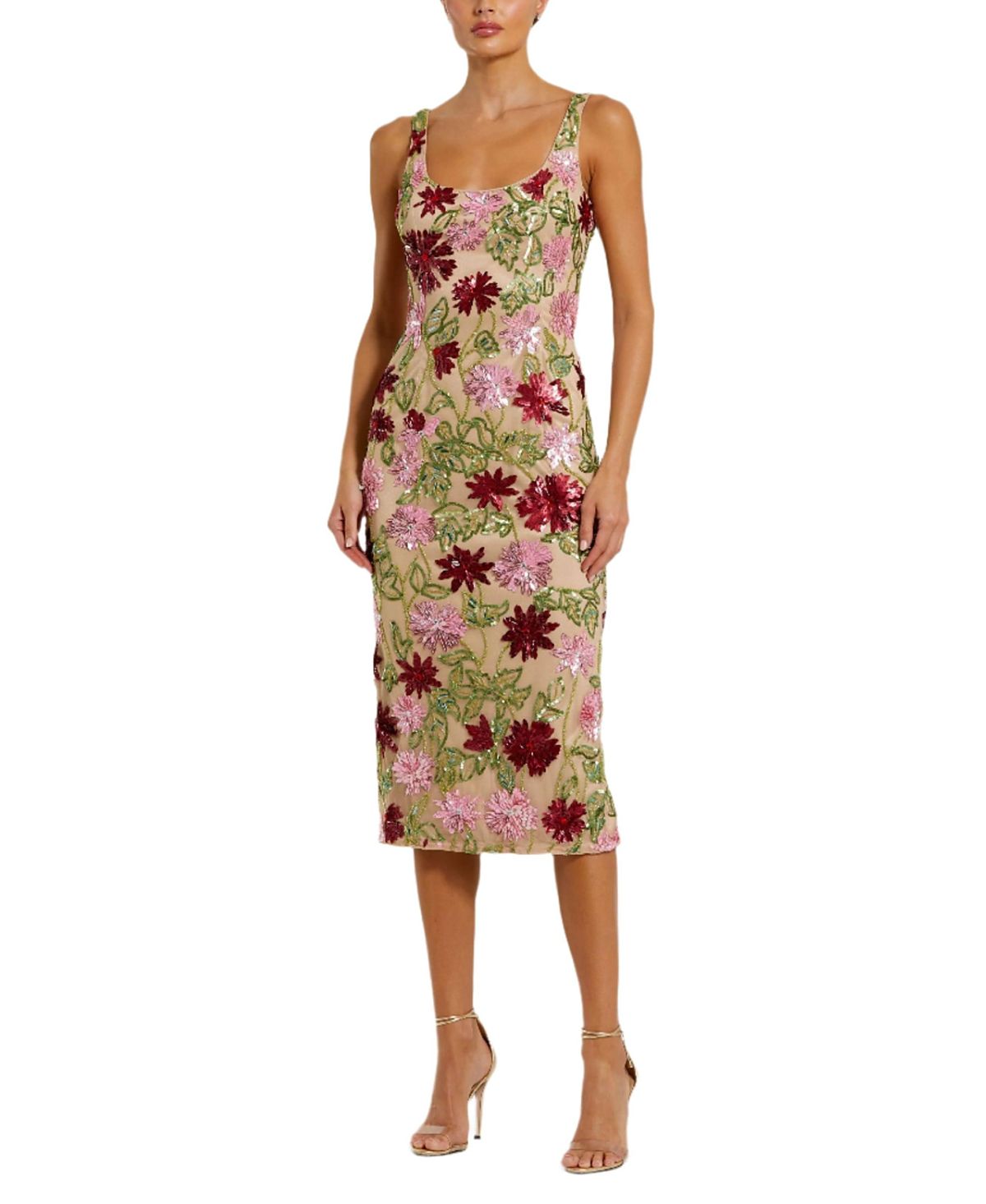 Mac Duggal Floral Beaded Mesh Scoop Neck Fitted Midi Dress