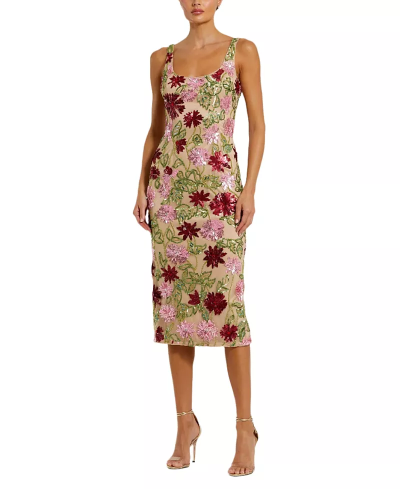 Mac Duggal Floral Beaded Mesh Scoop Neck Fitted Midi Dress