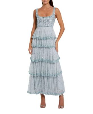 Embellished Net Tiered Ruffle Scoop Neck Gown