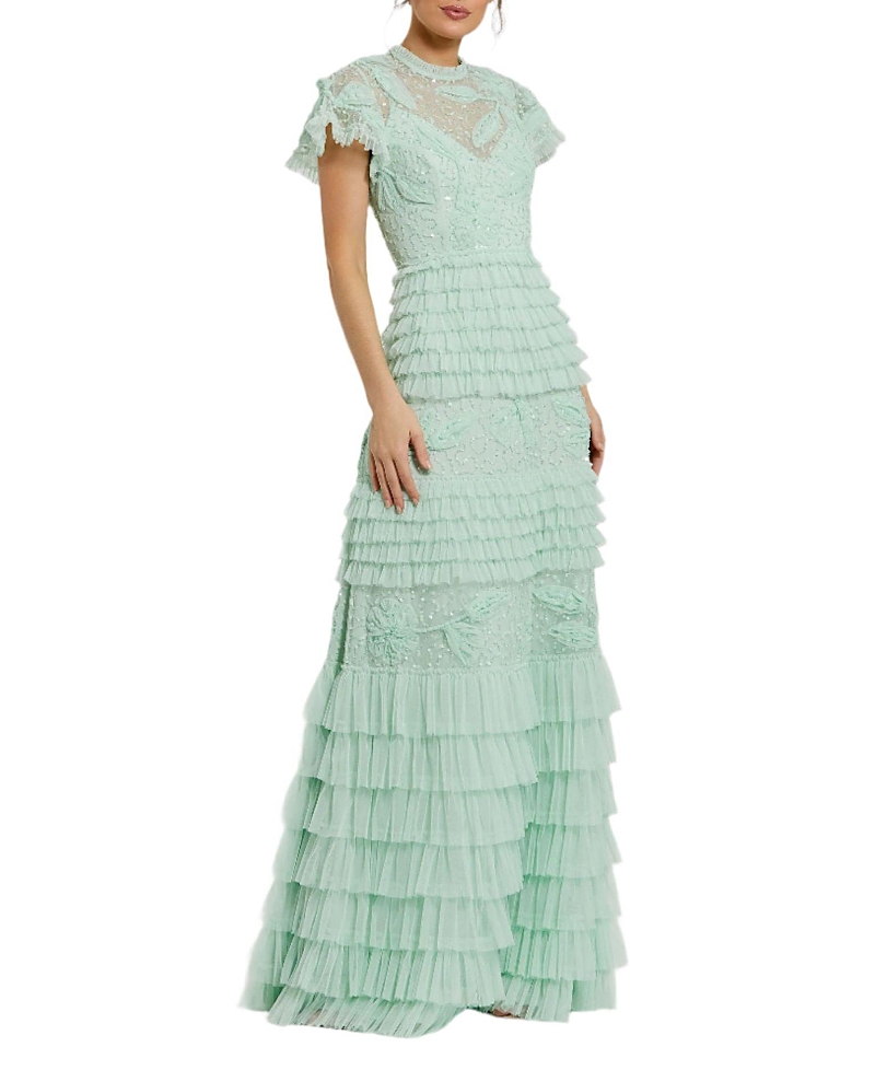 Mac Duggal Beaded Mesh High Neck Micro Ruffle Floral Gown