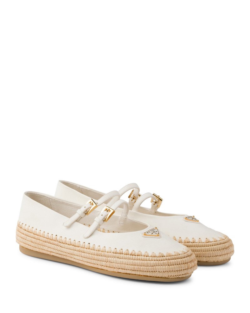Prada Women's Nappa Leather and Raffia Ballerinas in Neutral