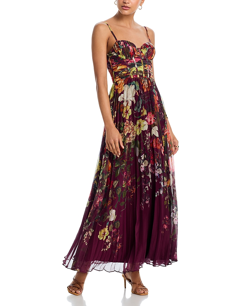 Aqua Pleated Floral Dress - Exclusive In Brown