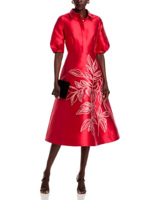 Gazar Border Print Puff-Sleeve Dress