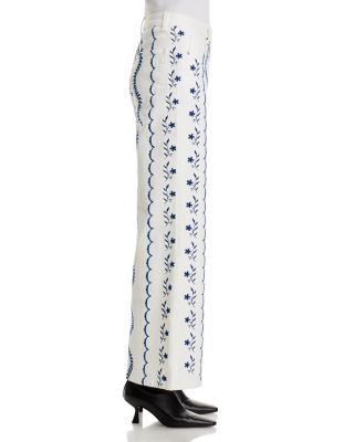 Embroidered High Rise Wide Leg Jeans in White/Blue - Exclusive