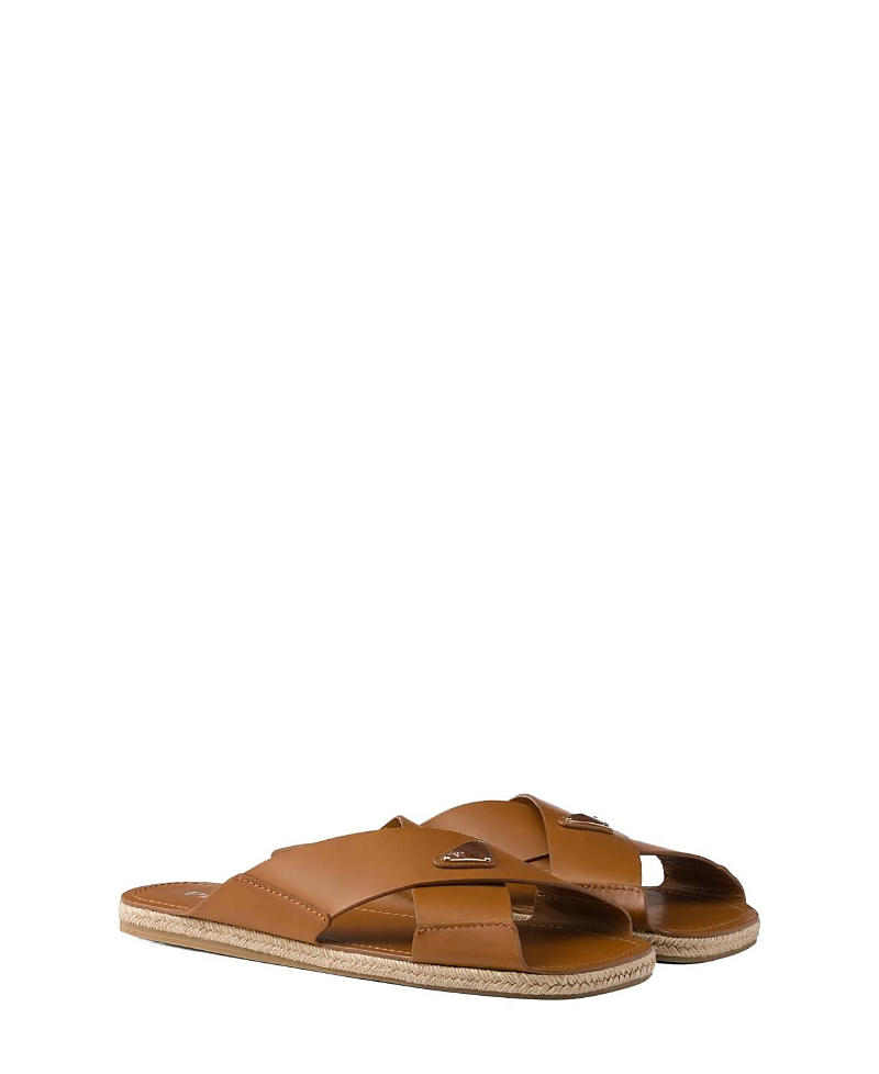 Prada Crisscross Leather Slides In Brown